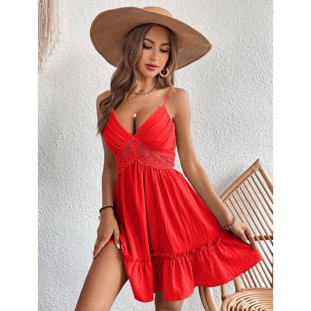 Lace Insert Ruffle Hem Cami Dress